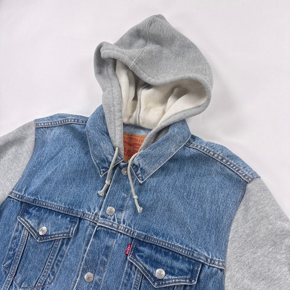 Levis Mens Jacket XL Blue Denim Grey Hoodie Hybrid Trucker Jean Fleece Sleeves